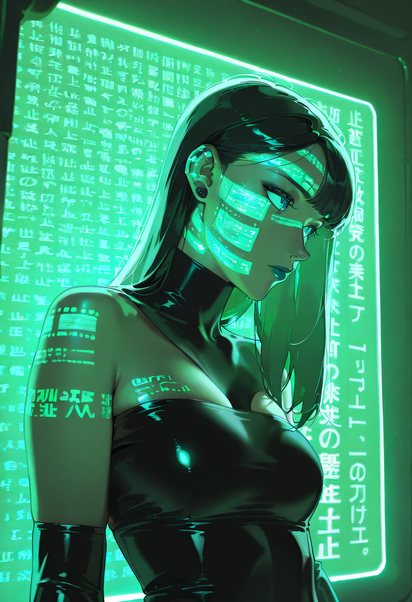 projection lighting, text, 1girl, sci-fi, long_hair, neon_blue, futuristic