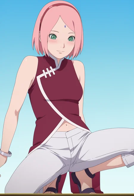masterpiece, best quality, amazing quality, anime coloring, anime screencap, 1girl, solo, <lora:DX888Sakura:1>haruno sakura, pink hair, green eyes, forehead mark, bob cut, hairband, sleeveless dress, red dress, navel, bracelet, capri pants, sandals, light smile, blush, BREAK dynamic pose, pantyshot, dojikko pose,, gradient background, blue background