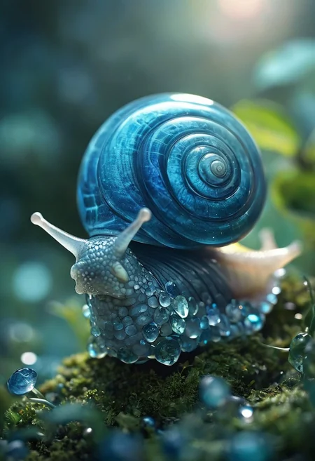highly detailed image of a snail crafted entirely from blue gemstones. The snail's shell should be intricately designed, showcasing a variety of blue hues—from deep sapphire to light azure—reflecting light in a way that creates a sparkling effect. Each gem should be cut and polished to perfection, emphasizing the snail's natural spiral shape.
The body of the snail should be smooth and translucent, resembling a delicate layer of crystal, with subtle hints of iridescence. Surround the snail with a soft, blurred background of lush greenery, highlighting its vibrant blue color. Include gentle light reflections and shadows to enhance the three-dimensional quality of the gem snail, creating a captivating and enchanting scene.
style of greg rutkowski,janek sedlar,jenny saville:0]  <lora:vivid_everclear:0.35>  <lora:Sinozick:0.35>  <lora:MJ52:0.35>