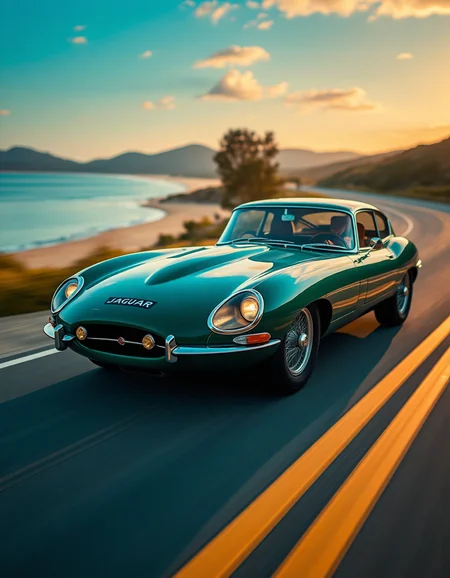 An e-type jaguar, painted a british racing green, hurtles down a winding road by a beach. The car's lines are sharp and aerodynamic, with exaggerated curves that accentuate its speed. The motion blur is pronounced, capturing the blur of the wheels. The background is a blurred landscape of rolling hills and a clear blue sky. The sun glints off the polished paintwork, creating a shimmering effect. The car's headlights pierce the twilight, illuminating the path ahead.