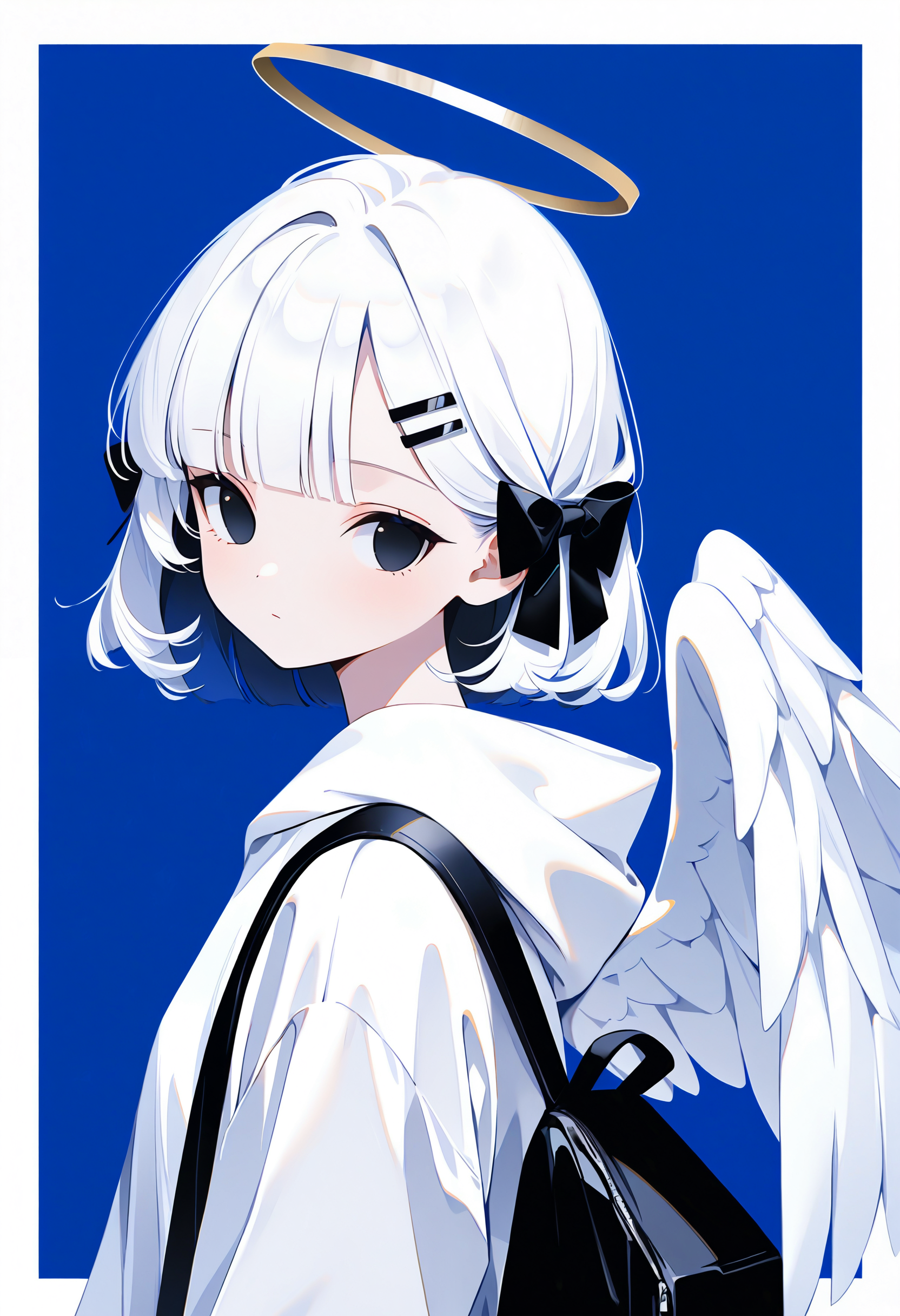 <lora:268825027-illustriousXL_v01_V1-CAME-000035>, Mexi_yaai, 1girl, solo, wings, halo, looking at viewer, hair ornament, angel wings, hair bow, upper body, bow, angel, black bow, hairclip, expressionless, white hair, black eyes, white border, border, white wings, jacket, short hair, hood, closed mouth, dot mouth, blunt bangs, from side, medium hair, backpack, hoodie, blue hair, feathered wings, looking to the side, hood down, blue eyes