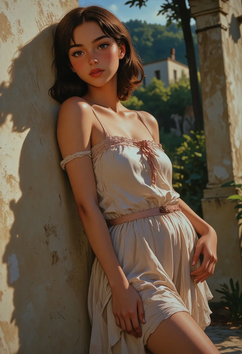fictionalcasca, Hyper-realistic portrait of a woman, cropped just below the waist, standing in a softly lit, ethereal environment. Her pose is natural yet captivating, with one hand resting gently on her hip and the other slightly raised, as if caught in a moment of contemplation. She wears a flowing, semi-transparent dress that clings delicately to her figure, revealing subtle curves and textures. The fabric shimmers with faint, iridescent highlights, adding a dreamlike quality to the scene. Her expression is serene, with a hint of mystery in her eyes. Her hair cascades down her shoulders in soft waves, catching the light and creating a halo-like effect around her. The background is blurred, with faint hints of a surreal landscape—perhaps a misty forest or a twilight sky—adding depth and atmosphere without distracting from her presence. The lighting is soft and diffused, with gentle shadows accentuating her features and the folds of her dress. The overall composition is balanced and harmonious, blending hyper-realism with a touch of fantasy. The colors are muted yet rich, with a palette of pastel tones and subtle gradients that enhance the ethereal mood. Artistic style: hyper-realism, cinematic lighting, ethereal aesthetic.sexy pose, gaze down, one leg raised, leaning back, leaning against the wall, looking at the viewer, smug, from below,