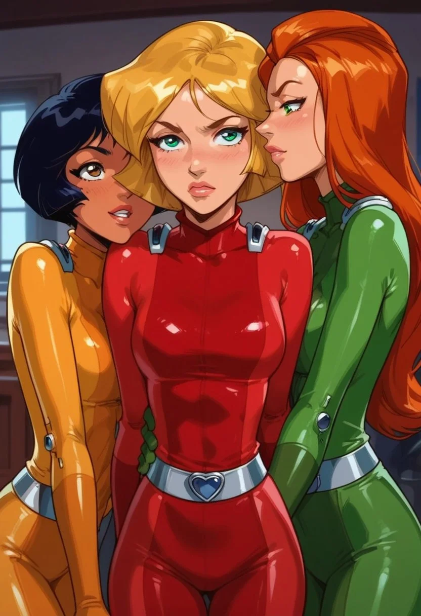 masterpiece,best quality, highly detailed, score_9, score_8_up, score_7_up, score_6_up, source_cartoon, BREAK, 1girls, 3girls, multiple girls, \(totally spies\), samts, alexts, cloverts, orange hair, green eyes, blonde hair, blue eyes, brown hair, brown eyes, red bodysuit, green bodysuit, yellow bodysuit,