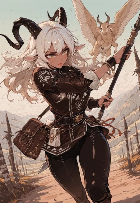 score_9, score_8_up, score_7_up, masterpiece, best quality, very aesthetic, 1girl, detailed face, (dynamic:1.1), dynamic pose, partial illumination, vibrant colors, stylized, illustration, goat girl, horns, white hair, puffy, golden eyes, leather tunic, ripped outfit, tribal, leather satchel, scrolls, arcane, outdoors, adventurer, lips, mature, running away, stressed