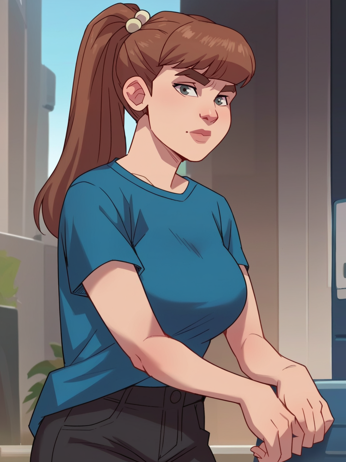 <lora:monster_girlv2:0.6> m_g, 1girl, brown ponytail hair, bangs, hairpin, small body, skinny body, grey eyes, black denim shorts, blue t-shirt, <lora:DJCompsLycoXL:0.9> large breasts, looking at viewer, score_9, score_8_up, score_7_up,