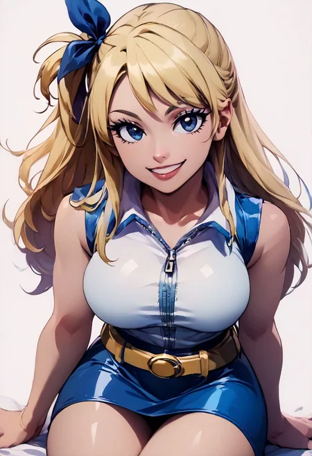 score_9, score_8_up, score_8, medium breasts, cute, eyelashes , 
aaLucy, hair ribbon, side ponytail, blonde hair, long hair, large breasts, white shirt, sleeveless, belt, blue skirt, smile, looking at viewer, 
absurdres, looking to the side, seductive smile, sitting, skirt, smile, white background, zipper