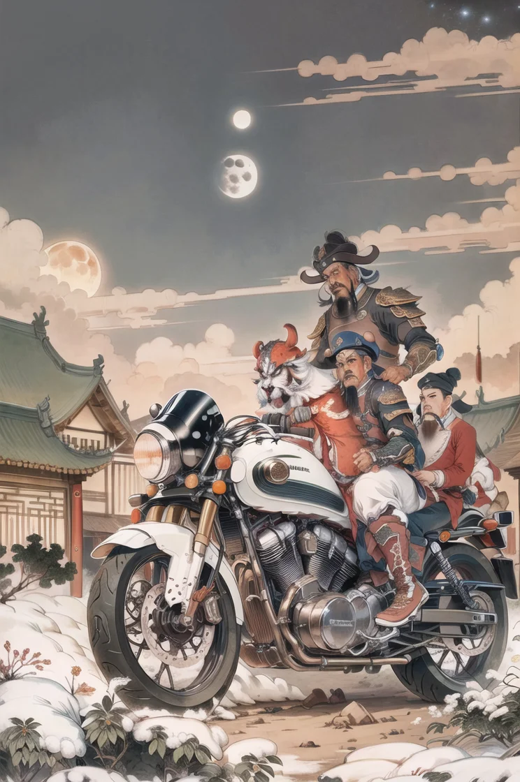 shz,((best quality)), ((masterpiece)), (detailed), realistic, multiple boys,(riding motorcycle),mustache,chinese clothes,armour,chinese general,looking at viewer, full body,night,moon in the night sky,outdoors,motorcycle <lora:Xiaorenshu_v20:0.8>
