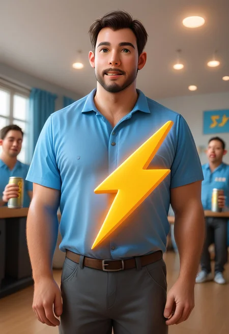A man holding an empty tin can labeled with the word "Buzz". with a yellow buzz symbol, Buzz2