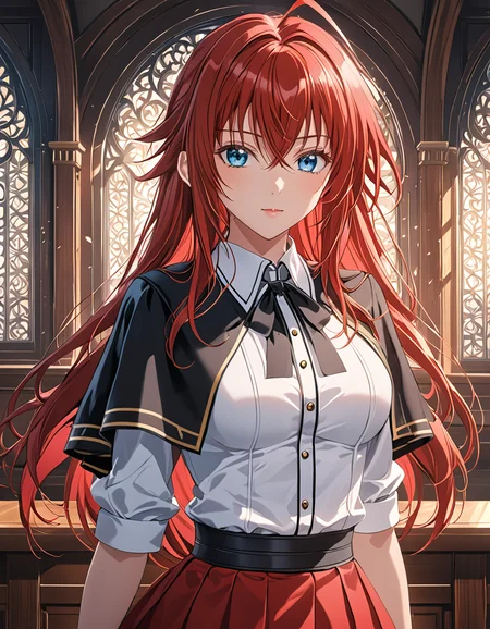 (masterpiece), (best quality), (ultra-detailed), Rias_XL, red hair, blue_eyes, hair between eyes, crossed bangs, long hair, ahoge, dust_particles, looking at the viewer, collarbone, shoes, indoors, midriff, scholar uniform, white shirt, black corset, red skirt, black capelet, front_view, intrincate details, masterpiece, best quality, highres, 4k, 8k, intricate detail, cinematic lighting, amazing quality, amazing shading, soft lighting, Detailed Illustration, anime style, very coherent, enhanced color, vibrant colors, detailed pretty, ambient, illustration, disheveled hair, detailed eyes, perfect composition, moist skin, intricate details, earrings, anime artwork Rias_XL, red hair, blue_eyes, hair between eyes, crossed bangs, long hair, ahoge, dust_particles, looking at the viewer, collarbone, shoes, indoors, midriff, scholar uniform, white shirt, black corset, red skirt, black capelet, front_view, intrincate details, masterpiece, best quality, highres, 4k, 8k, intricate detail, cinematic lighting, amazing quality, amazing shading, soft lighting, Detailed Illustration, anime style, very coherent, enhanced color, vibrant colors, detailed pretty, ambient . anime style, key visual, vibrant, studio anime, highly detailed, Rias_XL, red hair, blue_eyes, hair between eyes, crossed bangs, long hair, ahoge, dust_particles, looking at the viewer, collarbone, shoes, indoors, midriff, scholar uniform, white shirt, black corset, red skirt, black capelet, front_view, intrincate details, masterpiece, best quality, highres, 4k, 8k, intricate detail, cinematic lighting, amazing quality, amazing shading, soft lighting, Detailed Illustration, anime style, very coherent, enhanced color, vibrant colors, detailed pretty, ambient, beautiful surreal atmosphere, full background, great composition, dynamic light, aesthetic,, winning grand elaborate professional creative ideal, elegant