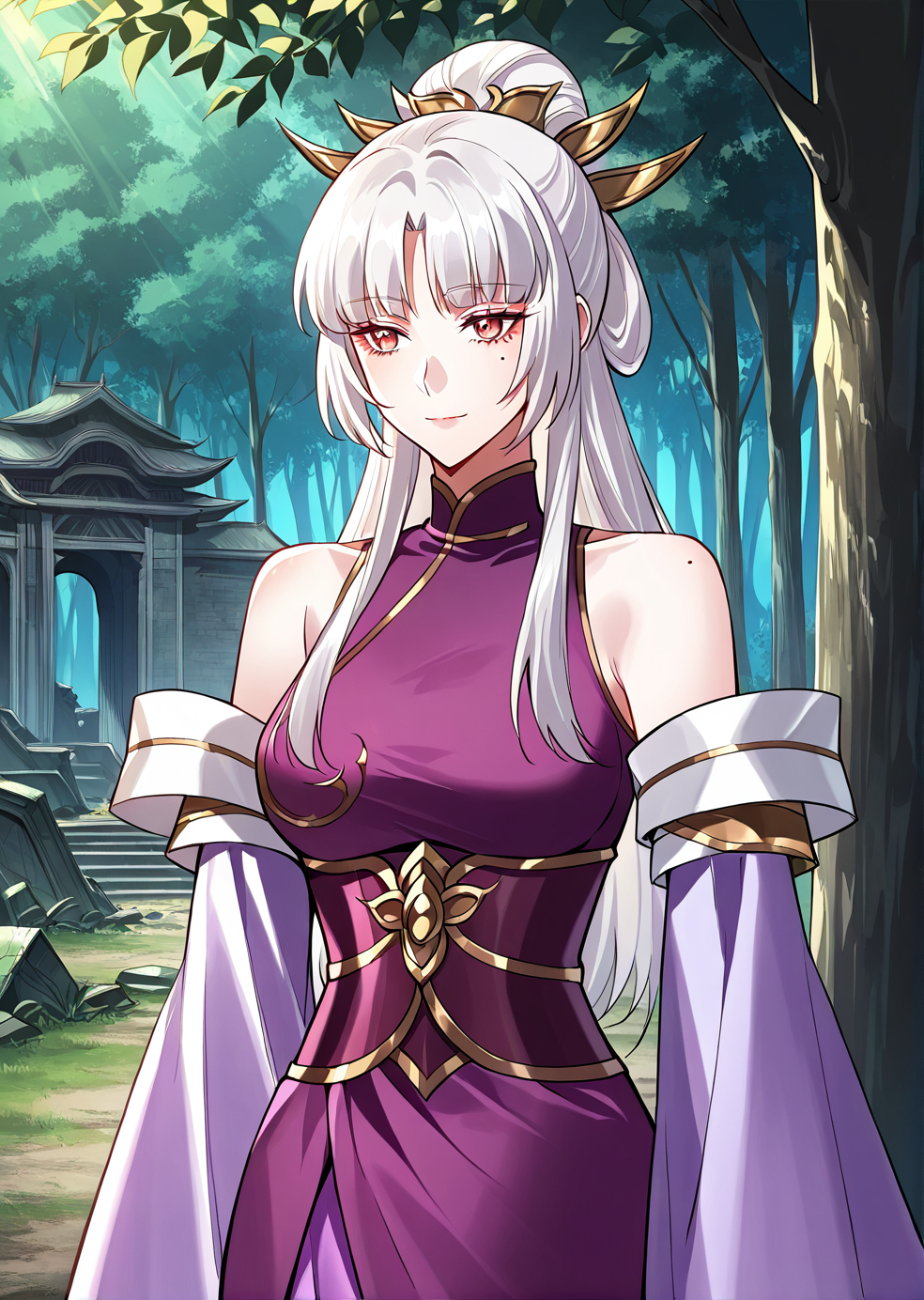 <lora:Zi_Ziyan__I_am_the_Fated_Villain__Illustrious:1>
1 girl, solo, white hair, bangs, hair up, ponytail, red eyes
mole under eye, bare shoulders, long purple dress, detached sleeves
score_9, score_8_up, score_7_up, very aesthetic, source_anime, detailed, high quality, beautiful, masterpiece, detailed eyes, forest, tree, ruins, cowboy shot, dynamic angle, upper body, light smile, dynamic pose
