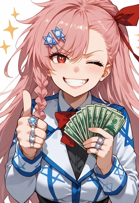 score_9, score_8_up, score_7_up, score_6_up,  source_anime, masterpiece, highly detailed,
<lora:gangstersb-guy-PONYv1:1>, gangstersb, thumbs up, one eye closed, grin, smile, money, eyewear on head.holding money, portrait, cropped torso, ring,  hat, solo, looking at viewer 
1girl, solo, <lora:negev.pony:1>, mature female, negev, pink hair, red eyes, human,