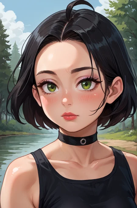 1girl, solo, blush, outdoors, ahoge, upper body, closed up, black hair, medium hair, forehead, parted bangs, black eyes, pale skin, black choker, eyeshadow, lipstick, green eyes,, , score_9, score_8_up, score_7_up, source anime, (shiny skin:1.20),
