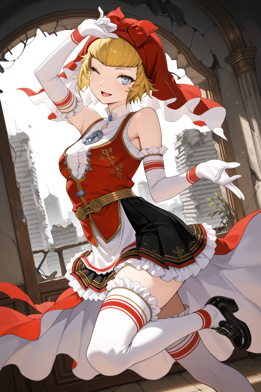 1girl,
IdunnShinMegamiTensei,
general, solo, perspective, dutch angle, half body,
short hair, blonde hair, detailed eyes,
light smile, one eye closed,
red hood, elbow gloves, 
skirt, white thighhighs,
idol, looking at viewer, smile, open mouth, dynamic pose, dancing, 
leg up,
tokyo, indoors, ruins, building, 
<lora:kp_IdunnShinMegamiTenseiIllustrious_v1_0:1.0>,
masterpiece, best quality, amazing quality