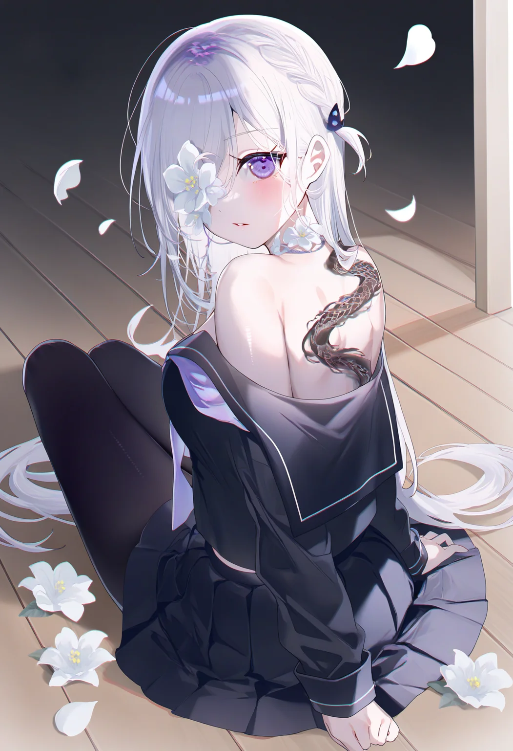 <lora:Rag:1>, best quality, masterpiece, miwano rag, 1girl, white flower, pleated skirt, long hair, school uniform, white hair, back tattoo, black serafuku, looking at viewer, purple eyes, sitting, black skirt, black pantyhose, black shirt, parted lips, off shoulder, flower over eye, petals, looking back, bare shoulders, sailor collar, long sleeves, braid, neckerchief, blush, hair ornament, on floor, breasts, wooden floor, one eye covered