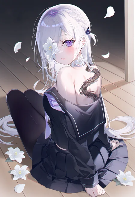 <lora:Rag:1>, best quality, masterpiece, miwano rag, 1girl, white flower, pleated skirt, long hair, school uniform, white hair, back tattoo, black serafuku, looking at viewer, purple eyes, sitting, black skirt, black pantyhose, black shirt, parted lips, off shoulder, flower over eye, petals, looking back, bare shoulders, sailor collar, long sleeves, braid, neckerchief, blush, hair ornament, on floor, breasts, wooden floor, one eye covered
