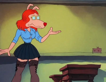 <lora:FritzTheCat_pony_v1:1> a frame from the movie "Fritz the Cat \(1972\)",cartoonish,   Standing before the blackboard, the new teacher at school commands attention. Her attire, a crisp unbuttoned satin blouse paired with a pleated skirt, is accented by the subtle allure of (laced stockings), adding a touch of fragile femininity to her slender authoritative presence in the classroom. She is revealing her perky protuberant femininity, exposing long narrow calves, (narrow waist), and her gently protuberant skinny curves with fragile, yet authoritative and distinguished femininity., score_9, score_6_up, score_7_up