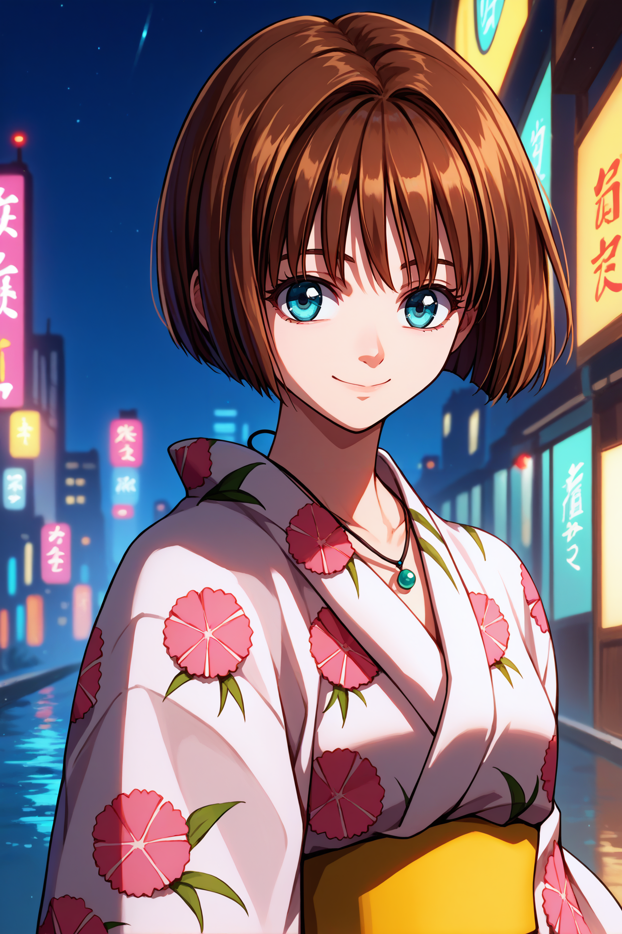 score_9, score_8_up, score_7_up, score_6_up, source_anime, 1girl, solo,  <lora:minatsukisaya-pdxl-nvwls-v1-000004:1> s4ya, brown hair, bob cut, blue eyes, necklace, yukata, yellow sash, floral print, looking at viewer, upper body, city, night, happy, legs, closed mouth