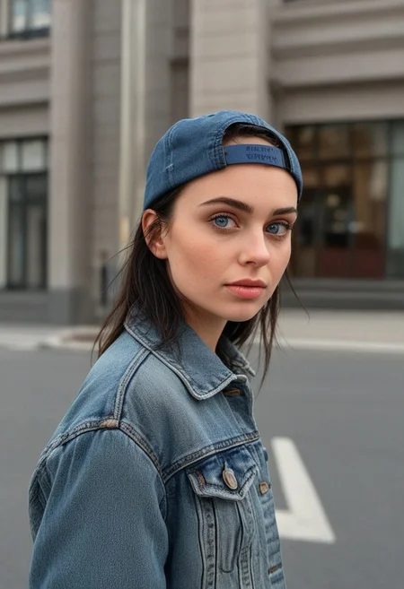 30yo woman posing for pic in front of tall building.
Blue eyes. small perfecteyes
Wearing ripped Denim jacket red trucker hat
no makeup. Clear skin. realistic skin style
Long dark black slick back hair. No makeup. Dusk, Street light. Looking at camera POV. Slight smile, tilting head.. Tilt head.
Medium Close Up shot. Bokeh. Bokeh light.