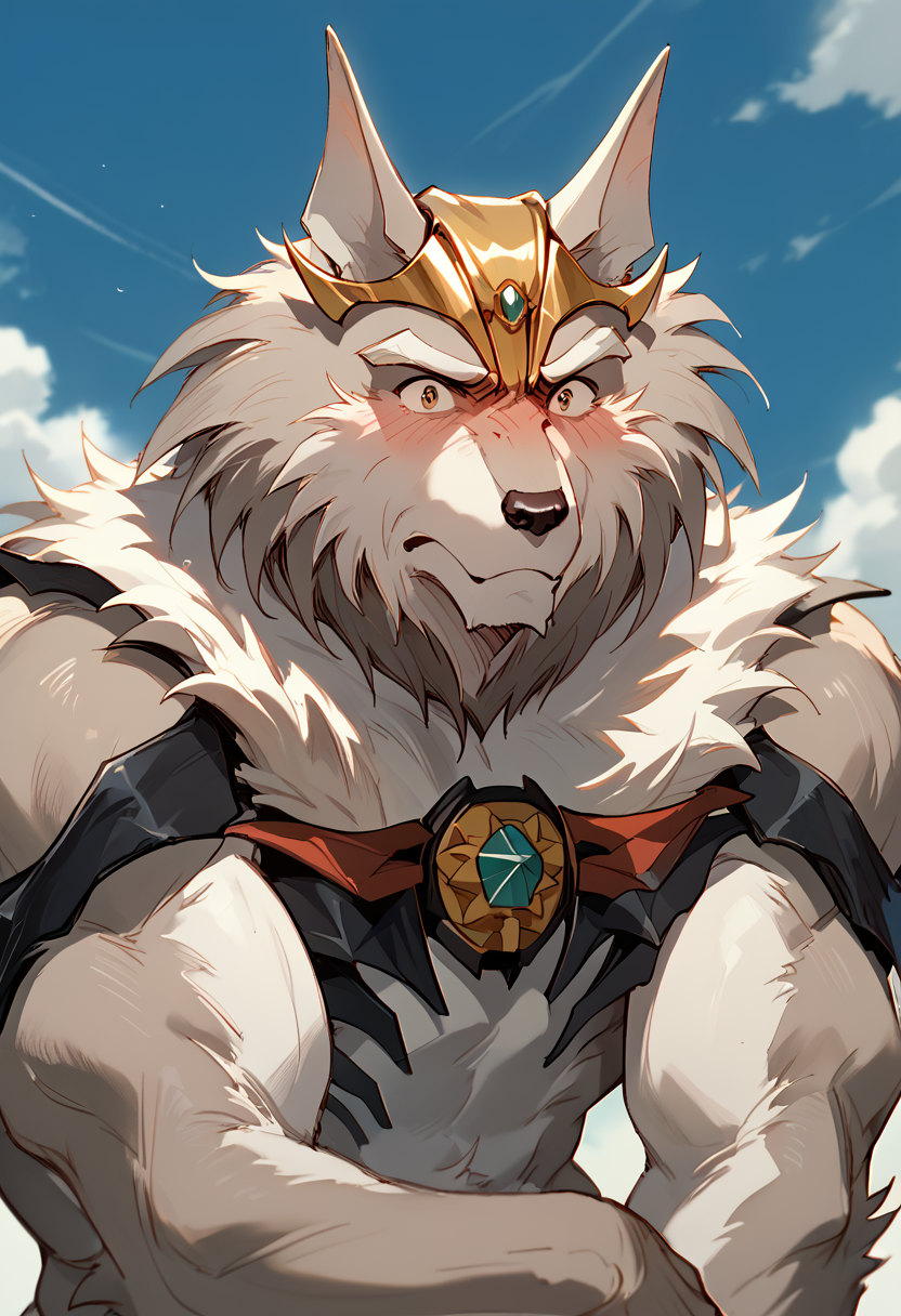 score_9, score_8_up, score_7_up, depth of field, best quality, high res, greyfus, <lora:Greyfus_Wild_Knights_Gulkeeva:1>, <lora:add-detail-xl:1>, BREAK
furry, 1boy, solo, muscular, naked, embarrassed, looking at viewer