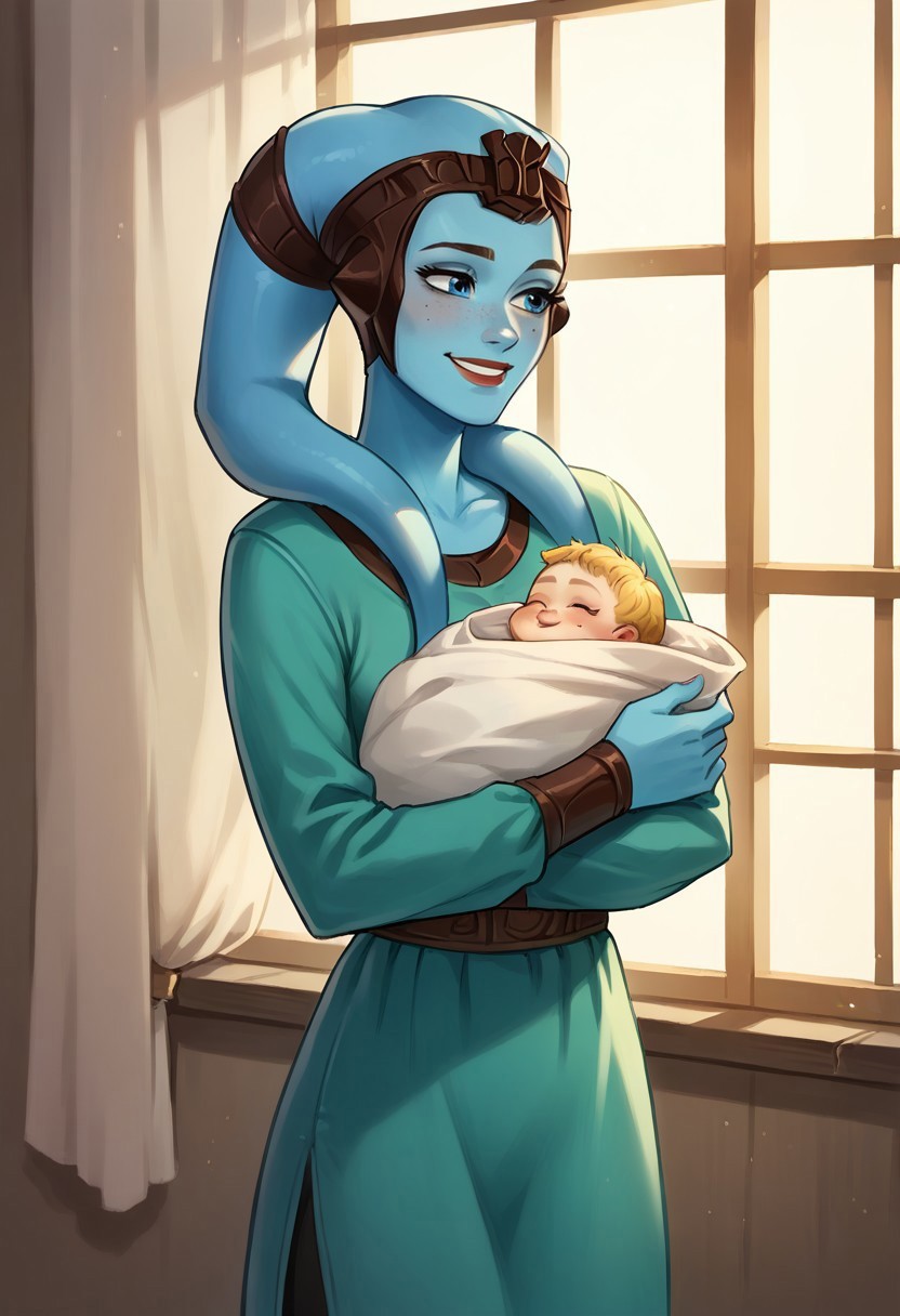 Score_9, Score_8_up, Score_7_up, rating_safe, Score_6_up, 1girl, solo, twilek, missionvao, girl blue skin, girl blue eyes, girl tired smile, girl lekku, with baby on her arms, baby carry, swaddled, baby human, baby blonde, girl green dress with sleeves, big window in background, girl chin mole, girl chin birthmark,