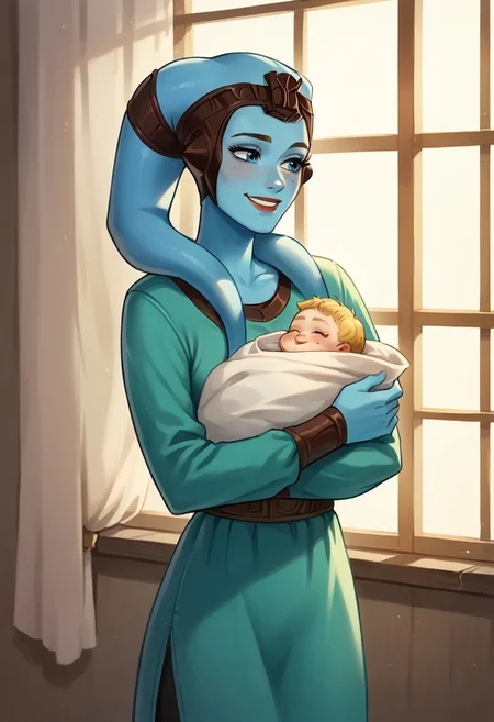 Score_9, Score_8_up, Score_7_up, rating_safe, Score_6_up, 1girl, solo, twilek, missionvao, girl blue skin, girl blue eyes, girl tired smile, girl lekku, with baby on her arms, baby carry, swaddled, baby human, baby blonde, girl green dress with sleeves, big window in background, girl chin mole, girl chin birthmark,