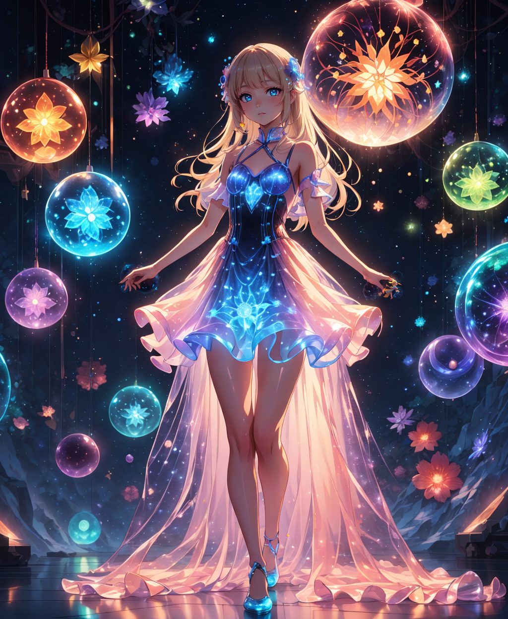 (masterpiece), (best quality),( detailed background, best lighting) ,((1girl)),  (kawaii background:1.3), (extremely detailed fine touch:1.3), (hard light, studio light, light rays, dappled light, reflection, shadows, ray tracing:1.0), ///, girl, long hair, light blonde, Princess, full body, sky, cloud, flower, glass shoes, mandala, stained glass, mosaic, snowflake, crystal, gemstone, rainbow, bubbles, (RGB effect:1.3), (reflect:1.3), light, (too many small spherical lights flying around in the air:1.4), bioluminescent dress