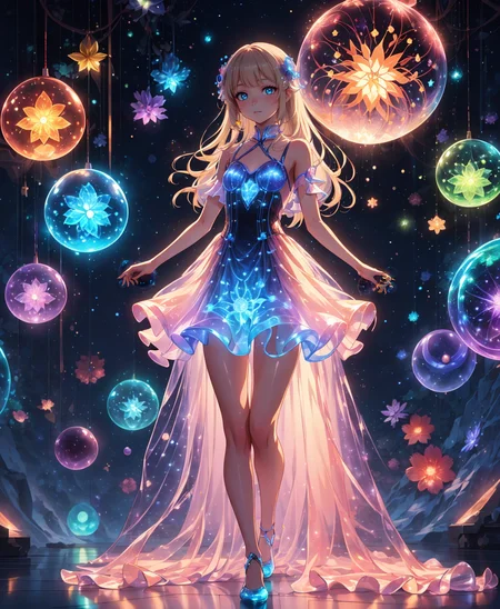 (masterpiece), (best quality),( detailed background, best lighting) ,((1girl)), (kawaii background:1.3), (extremely detailed fine touch:1.3), (hard light, studio light, light rays, dappled light, reflection, shadows, ray tracing:1.0), ///, girl, long hair, light blonde, Princess, full body, sky, cloud, flower, glass shoes, mandala, stained glass, mosaic, snowflake, crystal, gemstone, rainbow, bubbles, (RGB effect:1.3), (reflect:1.3), light, (too many small spherical lights flying around in the air:1.4), bioluminescent dress