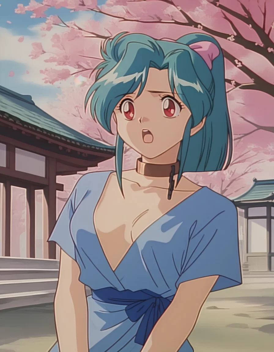 score_9,  score_8_up, score_7_up, source_anime,  1girl, solo, <lora:diana-minerva-ponyxl:0.9> mnkda, collar, chain, short kimono, ponytail, cherry blossoms, open mouth, east asian architecture