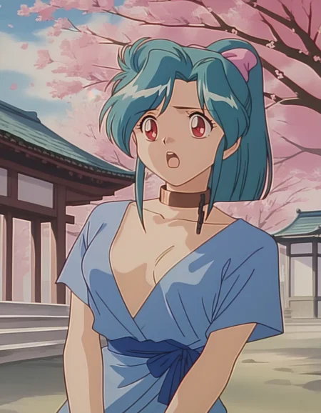 score_9,  score_8_up, score_7_up, source_anime,  1girl, solo, <lora:diana-minerva-ponyxl:0.9> mnkda, collar, chain, short kimono, ponytail, cherry blossoms, open mouth, east asian architecture