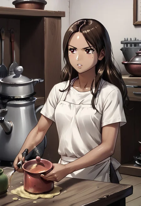 1girl, Clementine Morena, solo, hispanic, tan skin, brown eyes, athletic physique, brown hair, long hair, shiny hair, mole on left cheek, white t-shirt, black athletic shorts, white apron, stained apron,
Serious expression, pursed lips, whistling, mixing ingredients, potion,
variety, close up, face focus, detailed face,
((Indoors, workshop, hotplate, pot, mason jars)), clean lines, smooth colors, sfw, source: semi-realistic, rating: pg, score: 8 up, score: 9