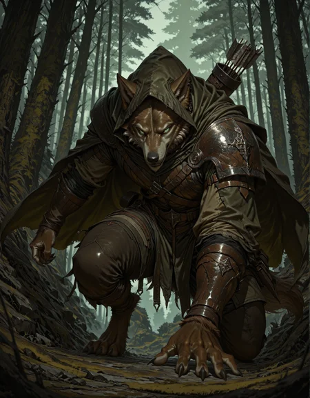 masterpiece, best quality,high quality, newest, highres,8K,HDR,absurdres, 1boy, solo, hooded cloak, rugged leather armor, quiver of arrows, longbow, wolf anthro, furry, claws, medieval fantasy, scarred face, piercing green eyes, forest background, soft sunlight filtering through trees, dynamic pose, foreshortening, atmospheric lighting, detailed background, lone hunter, earthy color palette, wind-blown hair, stealthy stance, overgrown ruins, misty forest, adventurer aesthetic, fantasy landscape, depth of field, rogue-like demeanor., detailed background, dynamic pose, dynamic composition,dutch angle, detailed backgroud,foreshortening,blurry edges <lora:iLLMythG0thicL1nes:1> G0thicL1nes