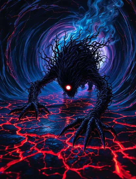 twisted, elongated creature with sharp, sinewy limbs and clawed hands crawling across a glowing, fractured red and black ground, its body made of intricate, web-like tendrils resembling tangled roots; the creature's shadowy face features a glowing, singular circular eye that pulses faintly with light, surrounded by flowing dark masses resembling smoke or hair. The background swirls with chaotic fractal patterns in deep blues, purples, and fiery reds, resembling a warped, nightmarish tunnel. The scene is lit with harsh, neon-like lighting, casting sharp contrasts and reflections on the creature’s body and the jagged surface beneath, with an otherworldly glow emanating from the tunnel's fiery center. High contrast, sharp details, and eerie, swirling textures dominate the surreal composition.