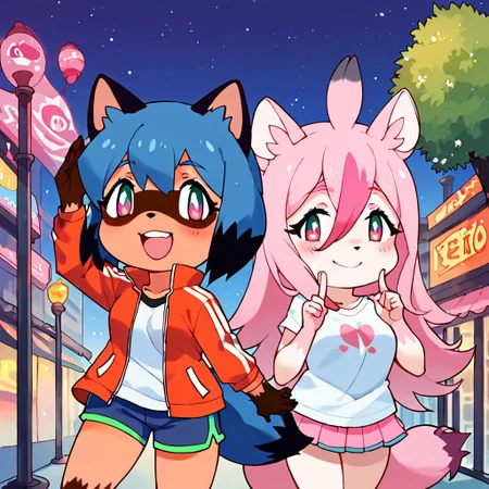 ((2girls)), best quality, ultra-detailed, extremely detailed, perfect anatomy, masterpiece, score_9, score_8_up, score_7_up, Expressiveh, Michiru Kagemori, Nazuna Hiwatashi, Brand New Animal, anthro, furry, fully clothed, (chibi), cute, city background, (night time), standing pose, cute pose, smiling, blushing, staring at viewer, standing side by side, cowboy shot, same size,