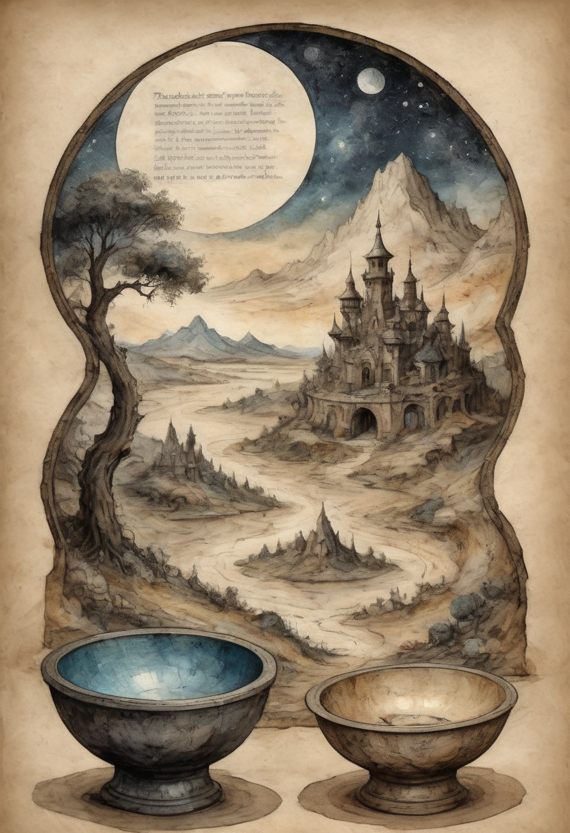 old weathered light parchment ink and watercolor traditional picturesque landscape and in the margins is depicted an elaborate story of how stardust collects in bowls and mirrors are gateways and going through can sometimes turn around and cracked bells and washed out horns blow with scorn and the black night is a rift central beautiful landscape with hallucinogenic margins