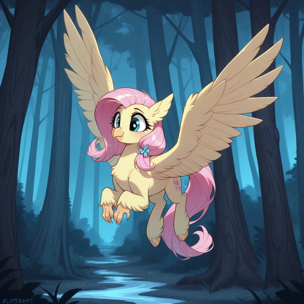 masterpiece, best quality, very aesthetic <lora:MLP-Hippogriff_Illustrious:0.7> hippogriff, classical hippogriff, wings, feral, my little pony, beak, claws, hooves, Fluttershy, flying, in forest, spread wings, cute,