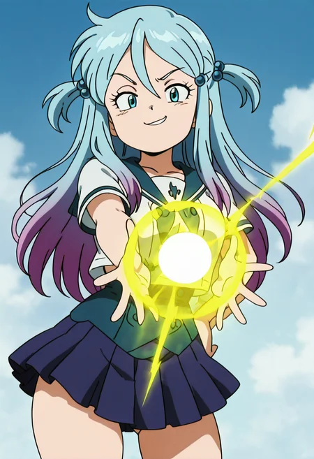 masterpiece, best quality, solo, curvy, beautiful eyes, narrow waist, wide hips, 1girl, solo, smile, looking at viewer, zzLazuli, blue eyes, hair between eyes, blue hair, gradient hair, hair bobbles, hair ornament, long hair, multicolored hair, two side up, school uniform, serafuku, sailor collar, blue skirt, pleated skirt, short sleeves, ,<lora:LazuliByKurumiErika_IXL:1.0>, ,vivid aura, looking at viewer, blue background, smug, aura, super saiyan, charging energy, energy ball, energy, lightning, <lora:DBSBroly_Style_IXL_v2:0.6>, (dynamic pose), large breasts, <lora:CuteRetroStyle_IXL_v1:1.0>,