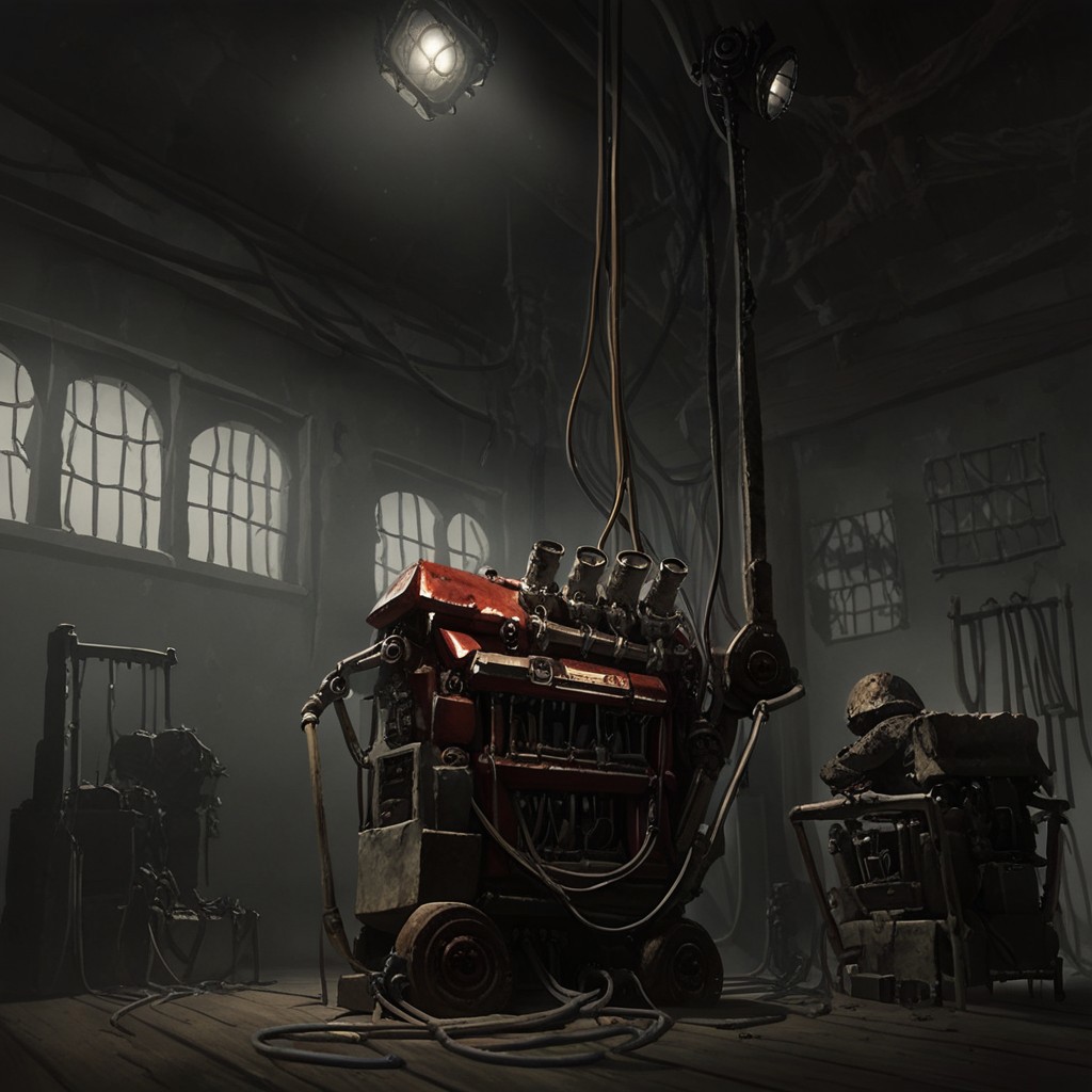 score 9, score 8, score 7, no humans, 1 object, generator, red generator, mast, cable, floodlights, lit floodlights, indoors, interior, dirty, dark, horror theme, object focus, from below,, machinery,