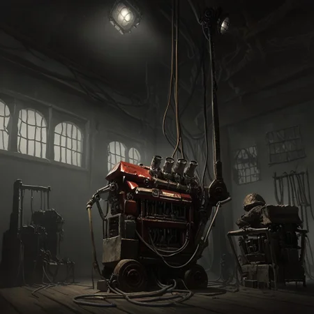 score 9, score 8, score 7, no humans, 1 object, generator, red generator, mast, cable, floodlights, lit floodlights, indoors, interior, dirty, dark, horror theme, object focus, from below,, machinery,