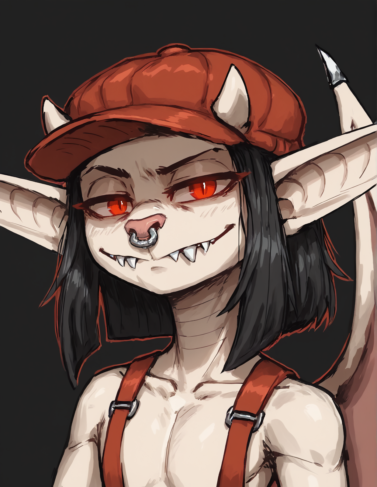 score_9, score_8_up, score_7_up, score_6_up, (high contrast:0.8), aqe, oyz, boxg
ivy \(deadlock\), deadlock, valve, gargoyle, 4 fingers, anthro, big ears, black hair, bottomwear, clothed, clothing, facial piercing, fangs, featureless chest, (female, flat chest:1.2), fingers, flat chested, hair, hat, headgear, headwear, horn, long ears, looking at viewer, nose piercing, nose ring, piercing, ring piercing, septum piercing, septum ring, sharp teeth, smile, solo, suspenders, teeth, topless, wings, tan body, (short:1.1)
BREAK
(close-up, hero view:1.25), looking at viewer, (painting_\(medium\):0.8), (painterly:0.9), (color overflow, colorful:1.1), (faux traditional media:0.8), colorful, (aesthetic of hard edge painting:0.9), oil painting, (pioneering unparalleled masterwork with superior details:0.8), (expressive drawing:0.8), (impressionist painting:0.8), (dimly lit:0.9), (red outline:0.9), (expressionism:0.8), g0thicPXL, glowing, red neon, smug, (smirk:1.125), furrowed brow, raised eyebrow
<lora:discoelysium_v2:0.7> <lora:g0th1cPXL:0.6> <lora:ivy-deadlock_pdxl:0.8>