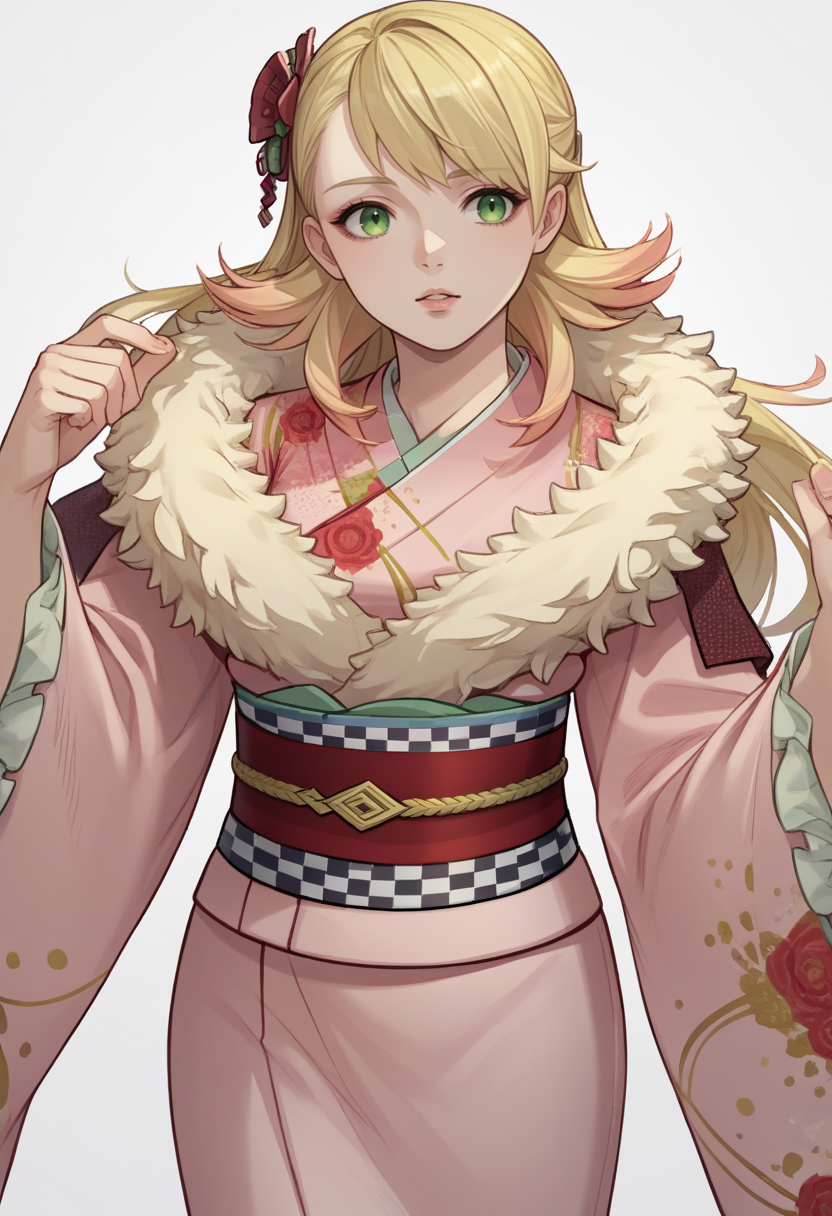 score_9, score_8_up, score_7_up, source_anime BREAK 1girl, solo, <lora:sharena-fe-richy-v1_pdxl:1> sharenany, green eyes, blonde hair, long hair, pink kimono, sash, fur trim, floral print, hair flower