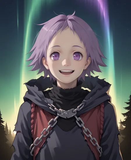 (score_9, score_8_up), score_7_up, score_6_up, best quality, standing, portrait, close up,
<lora:ebisu:0.8>, solo, 1girl, lovely, cute,
3bisu, purple hair, short hair, purple eyes, ringed eyes, happy, excited, turtleneck
slim:1.2, slender, petite:1.3, short, skinny, androgynous,
<lora:Curse_Maker_Etrian:1>,
pale skin, short hair, cloak:1.3, torn clothes, hood, (hood up:1.3), chain, shackles, bandages, black bandages, chain around neck,
nighttime, strong wind, spread arms, aurora borealis,