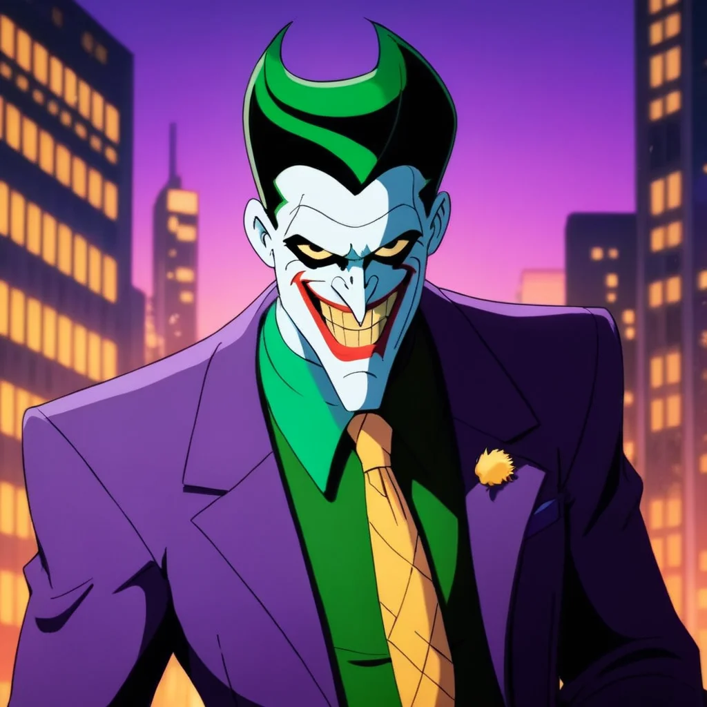 anime artwork of <lora:Joker:1.2>
Joker a cartoon joker with a green tie and a purple suit in Gotham city universe, anime style, key visual, vibrant, studio anime, highly detailed