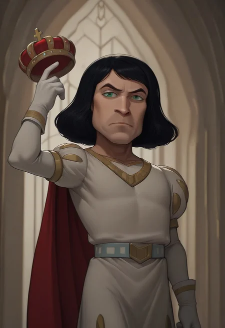 masterpiece, best quality, newest, absurdres, highres, anime, anime style, Lord-Farquad-IL-wedding outfit, short hair, white gloves, cape, gloves, green eyes, white outfit, black hair, crown, holding crown,