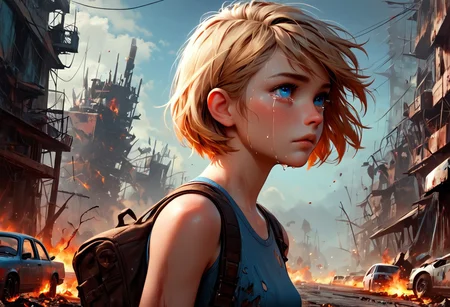 1girl, Masterpiece, 4k, ultra high detail, score_9, score_8_up, score_8, 18yo, petite, medium breast, short blonde hair, fcNeg, stunning blue eyes, freckles, white skin, small nose, innocent beauty, slim face, skinny petite body,
Torn sport clothes
Fear in her eyes, crying,
Sideview, Apocalyptic scene, burning skyscraper, burning city, derstroyed cars, a huge asteroid swarm in the sky,
Many asteroids in the sky,
End of the World,
negative_hand, NightScapes,