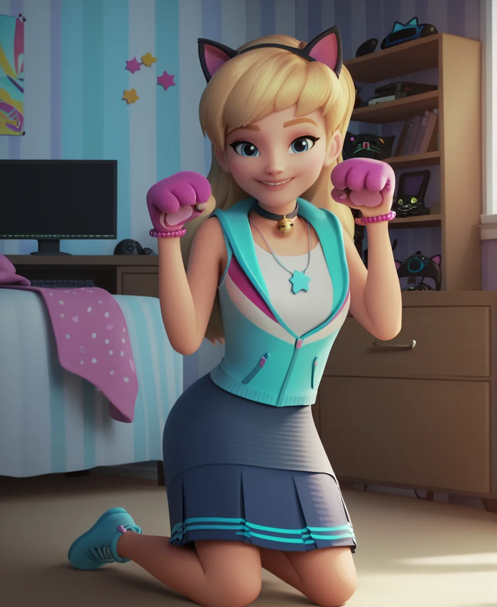(zPDXL3), Perfect Hands, full body, Perfect Hands, full body,
1girl, solo, stephanie, blue eyes, long hair, blonde hair, blue skirt, shirt, sleeveless hoodie, necklace, star (symbol), bracelet, desktop computer, gamer girl, fake cat ears, black cat ears, black collar with cat bell, fake cat paw gloves, cat pose, indoors, on bed, kneeling, dynamic angle, cute, looking at viewer, smile, volumetric lighting , detailed background, girly bedroom, gaming computer(detailed background:1.3).
 <lora:Stephanie_-_lego_friends:1> <lora:Perfect Hands:1>