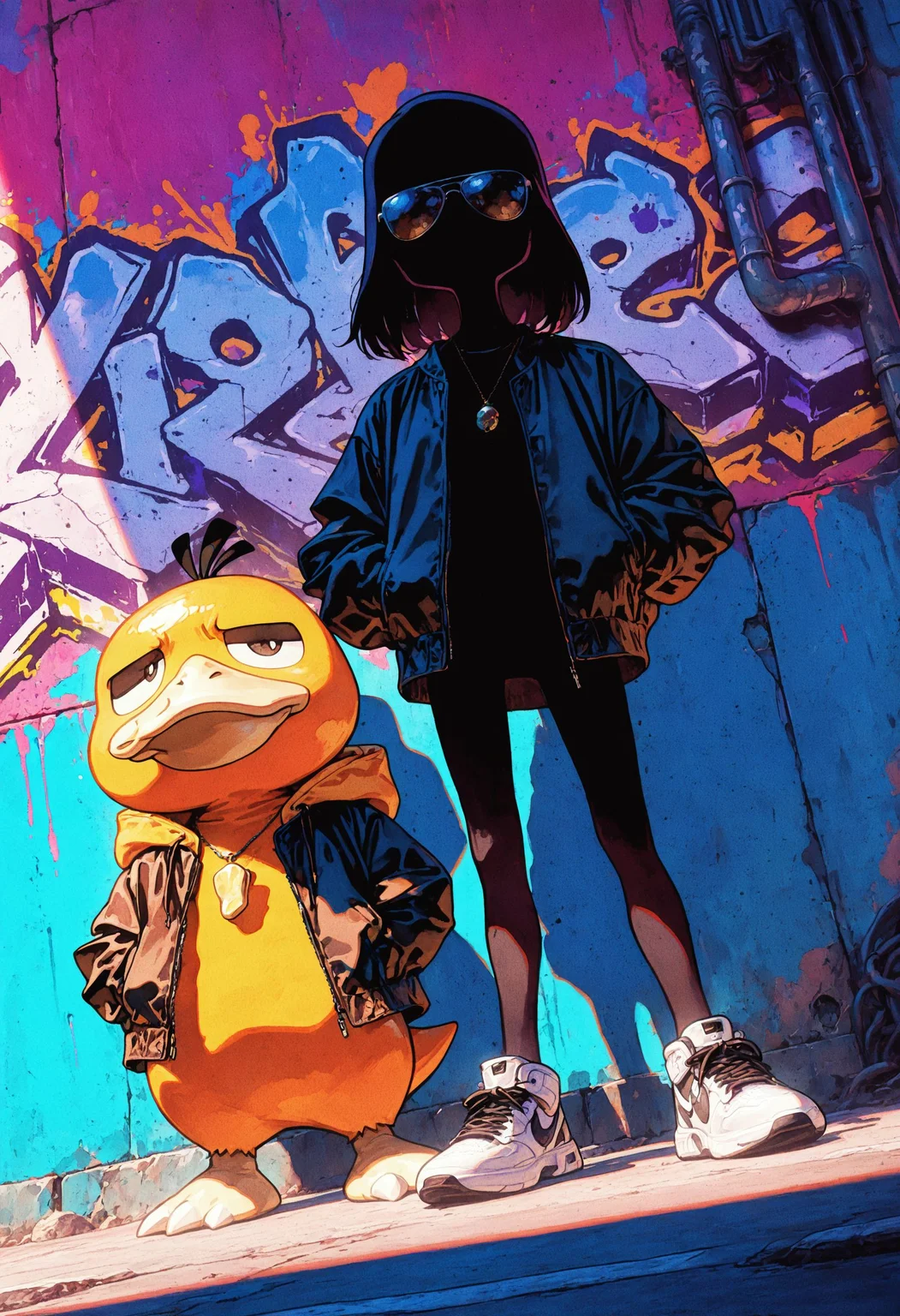 <lora:PunkPokemonIXL:0.6> solo, psyduck, sunglasses, covered eyes, long sleeves, jacket, full body, open clothes, shoes, hood down, necklace, open jacket, black jacket, no humans, hoodie, white footwear, sneakers, hooded jacket, graffiti, hands in pockets,
dutch angle, outdoors, <lora:retro_scifi_artstyle_illustriousXL-000021:0.8> retro_artstyle, retro, detailed shadow,
masterpiece,best quality,amazing quality,very aesthetic,absurdres,newest, detailed, scenery,