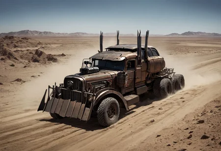 (8k, RAW photo, highly detailed, masterpiece, highest quality, hyper realistic, intricately detailed, vivid and vibrant colors), war rig racing through the desert, rat rod truck, exhaust pipes, cowcatcher plough, skulls, wheels, motor vehicle, ground vehicle, vehicle focus, driving in desert, daytime, sunlight, 2.5d, high contrast, highly detailed, high contrast, Cinematic Shot, Cinematic Lighting, (sharp focus, sharp image, high poly, complex lighting), In a dystopian world, Mad Max Fury Road style