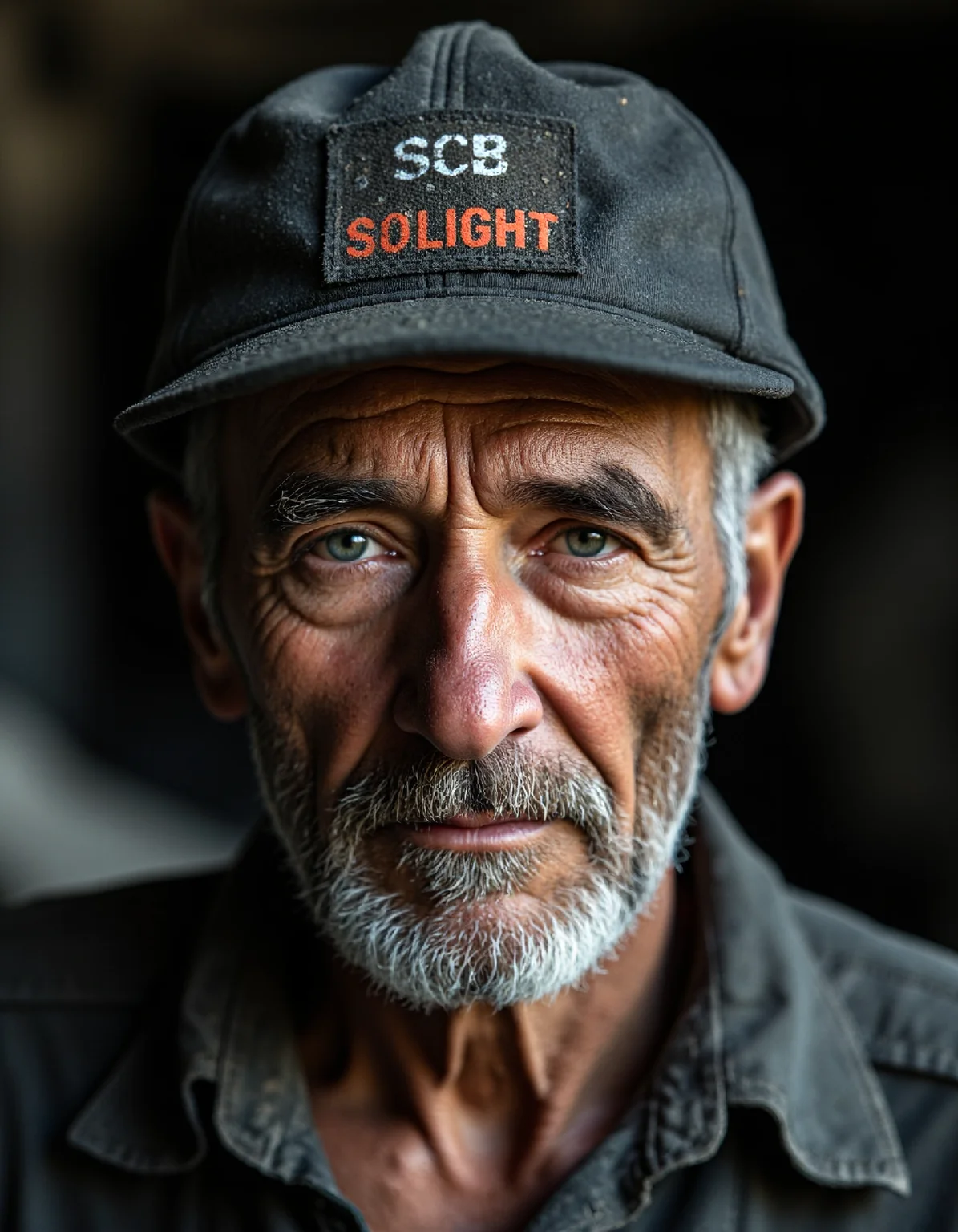 Gritty portrait of an old coalmine worker, weathered face etched with deep lines from years underground, coal dust clinging to skin and clothes, captured with a Canon EOS 5D Mark IV, 85mm lens at f/2.8, ISO 400, illuminated by soft, directional light to highlight texture and detail, shallow depth of field, focusing on the eyes, in a raw and authentic style