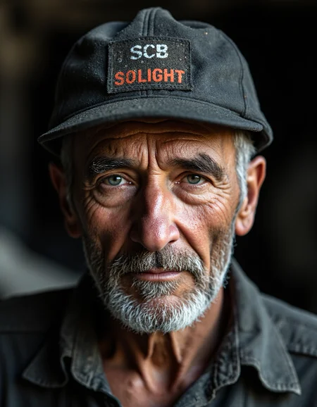 Gritty portrait of an old coalmine worker, weathered face etched with deep lines from years underground, coal dust clinging to skin and clothes, captured with a Canon EOS 5D Mark IV, 85mm lens at f/2.8, ISO 400, illuminated by soft, directional light to highlight texture and detail, shallow depth of field, focusing on the eyes, in a raw and authentic style
