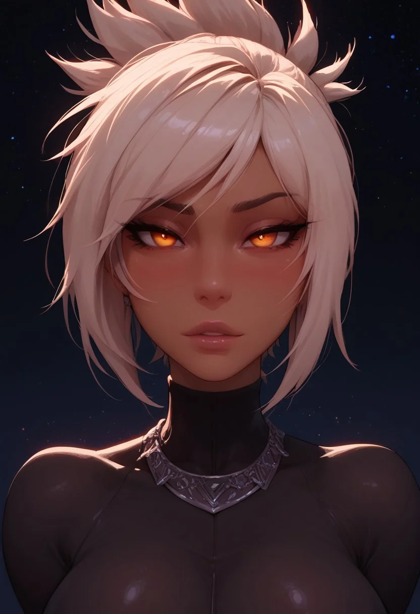 masterpiece,best quality, highly detailed, score_9, score_8_up, score_7_up, score_6_up,source_anime, perfect eyes, 1girl, Riven, tan, looking at viewer, big breasts, blush, shiny skin, seductive face,  luxurious office in the background, night, skin tight black outfit, waist chain, jewelry, close-up, portrait